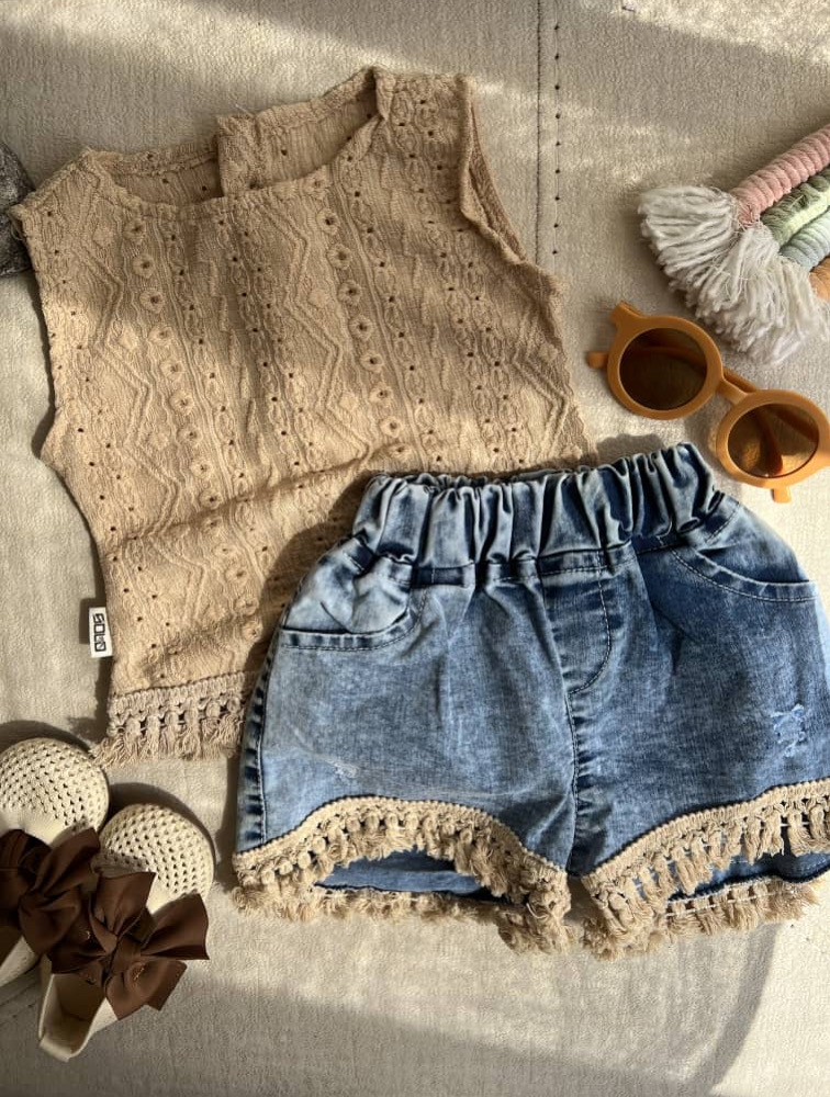 ست تاپ شلوارک سوزن دوزی نسکافه ای