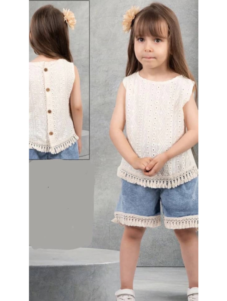 ست تاپ شلوارک سوزن دوزی شیری