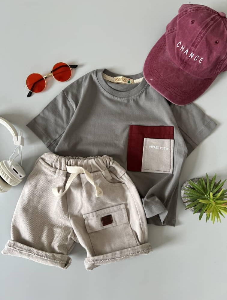 ست تیشرت شلوارک جیب دار طوسی