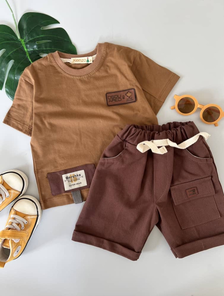 ست تیشرت شلوارک جیب دار قهوه ای تیره