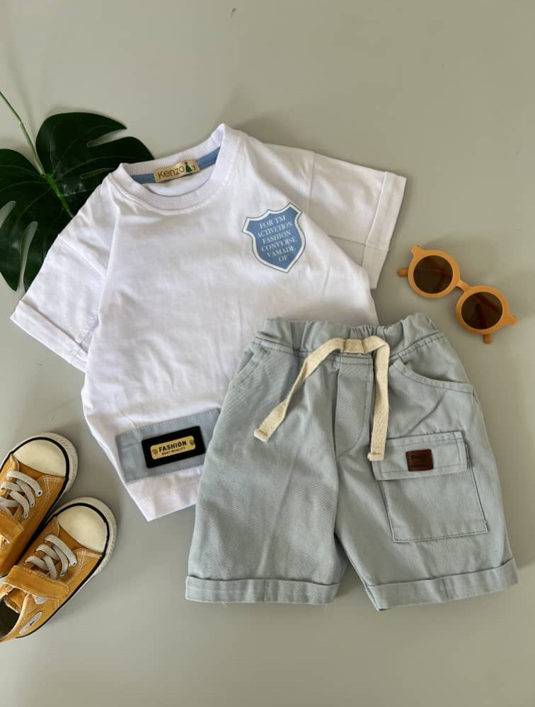 ست تیشرت شلوارک جیب دار سفید آبی