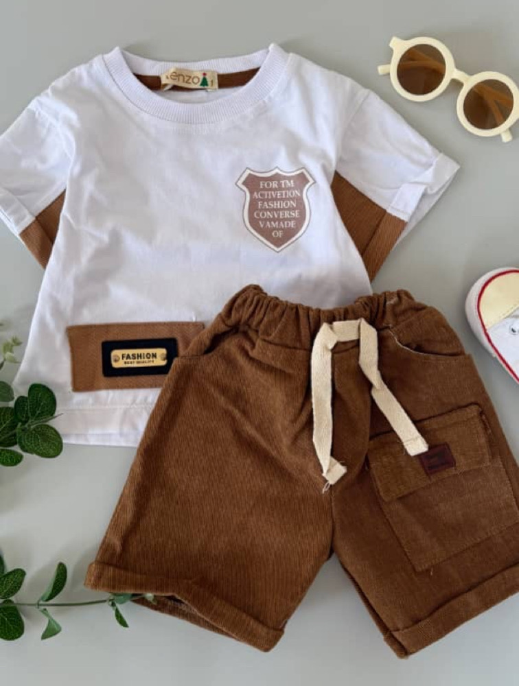 ست تیشرت شلوارک جیب دار سفید قهوه ای