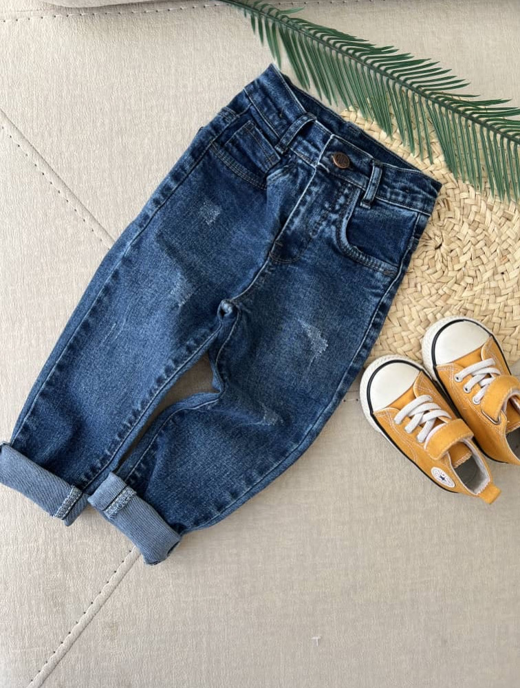 شلوار جین راسته کمردار آبی تیره