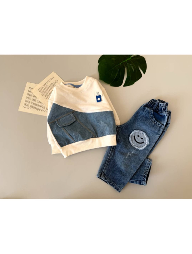 دورس سفید ترکیب جین طرح جیب